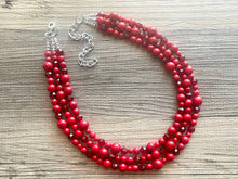 Load image into Gallery viewer, Red BeJeweled Statement Necklace, Chunky 3 Strand Jewelry, silver red necklace, red bib beaded necklace thick collar bead metal crackle
