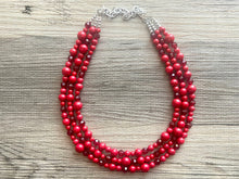 Load image into Gallery viewer, Red BeJeweled Statement Necklace, Chunky 3 Strand Jewelry, silver red necklace, red bib beaded necklace thick collar bead metal crackle