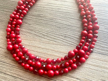 Load image into Gallery viewer, Red BeJeweled Statement Necklace, Chunky 3 Strand Jewelry, silver red necklace, red bib beaded necklace thick collar bead metal crackle