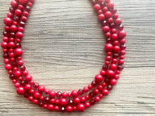Load image into Gallery viewer, Red BeJeweled Statement Necklace, Chunky 3 Strand Jewelry, silver red necklace, red bib beaded necklace thick collar bead metal crackle