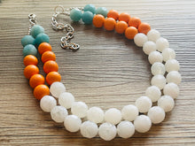 Load image into Gallery viewer, Aqua Teal Orange White Statement Necklace, Chunky Two Strand Jewelry, summer necklace, blue necklace, COLOR BLOCK bib necklace, turquoise