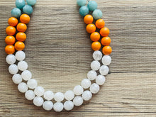 Load image into Gallery viewer, Aqua Teal Orange White Statement Necklace, Chunky Two Strand Jewelry, summer necklace, blue necklace, COLOR BLOCK bib necklace, turquoise