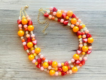 Load image into Gallery viewer, Woman Fire Statement Necklace, chunky bib beaded jewelry, Summer red yellow orange necklace, beaded acrylic jewelry neon coral pink