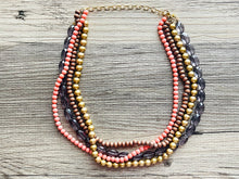 Load image into Gallery viewer, 4 Strand beaded Statement Chunky Necklace, casual necklace, Traveler wood brown coral necklace, gray smoke beaded jewelry thick bib