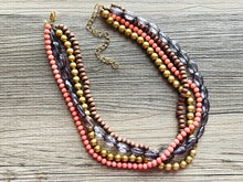 Load image into Gallery viewer, 4 Strand beaded Statement Chunky Necklace, casual necklace, Traveler wood brown coral necklace, gray smoke beaded jewelry thick bib