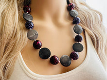 Load image into Gallery viewer, Purple Black & Gray Chunky Statement Necklace single Strand Beaded Jewelry, red jewelry bridesmaid bib wedding silver