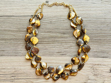 Load image into Gallery viewer, Chunky 2 Strand Strand Shell Statement Necklace, creamy yellow brown beaded jewelry, shell necklace jewelry, gold geometric diamond necklace