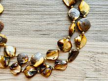 Load image into Gallery viewer, Chunky 2 Strand Strand Shell Statement Necklace, creamy yellow brown beaded jewelry, shell necklace jewelry, gold geometric diamond necklace