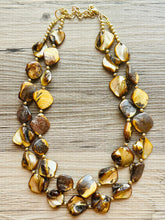 Load image into Gallery viewer, Chunky 2 Strand Strand Shell Statement Necklace, creamy yellow brown beaded jewelry, shell necklace jewelry, gold geometric diamond necklace