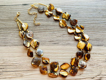 Load image into Gallery viewer, Chunky 2 Strand Strand Shell Statement Necklace, creamy yellow brown beaded jewelry, shell necklace jewelry, gold geometric diamond necklace