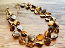 Load image into Gallery viewer, Chunky 2 Strand Strand Shell Statement Necklace, creamy yellow brown beaded jewelry, shell necklace jewelry, gold geometric diamond necklace