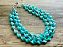Load image into Gallery viewer, Turquoise Blue 3 Strand Statement Necklace, Chunky Gren Blue Twist Beaded Bib Jewelry earrings, blue jewelry set, turquoise jewelry