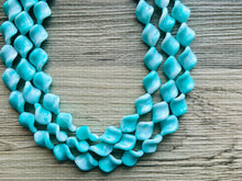 Load image into Gallery viewer, Turquoise Blue 3 Strand Statement Necklace, Chunky Gren Blue Twist Beaded Bib Jewelry earrings, blue jewelry set, turquoise jewelry