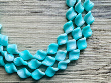 Load image into Gallery viewer, Turquoise Blue 3 Strand Statement Necklace, Chunky Gren Blue Twist Beaded Bib Jewelry earrings, blue jewelry set, turquoise jewelry