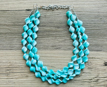 Load image into Gallery viewer, Turquoise Blue 3 Strand Statement Necklace, Chunky Gren Blue Twist Beaded Bib Jewelry earrings, blue jewelry set, turquoise jewelry