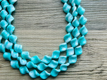 Load image into Gallery viewer, Turquoise Blue 3 Strand Statement Necklace, Chunky Gren Blue Twist Beaded Bib Jewelry earrings, blue jewelry set, turquoise jewelry