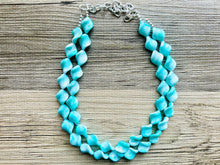 Load image into Gallery viewer, Turquoise Blue 2 Strand Statement Necklace, Chunky Gren Blue Twist Beaded Bib Jewelry earrings, blue jewelry set, turquoise jewelry