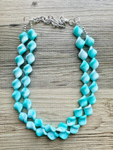 Load image into Gallery viewer, Turquoise Blue 2 Strand Statement Necklace, Chunky Gren Blue Twist Beaded Bib Jewelry earrings, blue jewelry set, turquoise jewelry