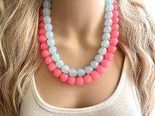 Load image into Gallery viewer, Gumdrop Blue & Pink Beaded Necklace, Colorful Chunky statement, 2 strand thick jewelry, rainbow baby confetti earrings hot pink periwinkle