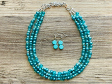 Load image into Gallery viewer, Teal 3 Layer Statement Necklace, turquoise chunky necklace, statement bib necklace jewelry turquoise blue jewerly, glass beaded earrings