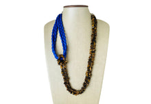 Load image into Gallery viewer, Royal Blue & Tiger Eye Chip Necklace, tube beaded chunky statement necklace, blue necklace, avant garde necklace, geometric jewelry brown