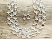 Load image into Gallery viewer, Faceted Resin Beaded Statement Necklace, 3 strand Oval Bead Everyday neutral jewelry, silver accents chunky bib necklace, bridesmaid wedding