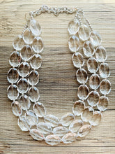 Load image into Gallery viewer, Faceted Resin Beaded Statement Necklace, 3 strand Oval Bead Everyday neutral jewelry, silver accents chunky bib necklace, bridesmaid wedding