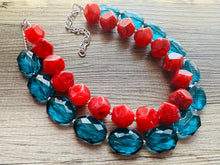 Load image into Gallery viewer, Teal & Cherry Red Necklace, multi strand jewelry, big beaded chunky statement necklace, red jewelry, bridesmaid necklace, turquoise bib