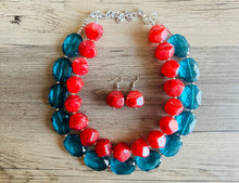 Load image into Gallery viewer, Teal & Cherry Red Necklace, multi strand jewelry, big beaded chunky statement necklace, red jewelry, bridesmaid necklace, turquoise bib