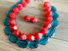 Load image into Gallery viewer, Teal & Cherry Red Necklace, multi strand jewelry, big beaded chunky statement necklace, red jewelry, bridesmaid necklace, turquoise bib
