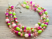 Load image into Gallery viewer, Honeydew Haven Chunky Statement Necklace, Coral beaded jewelry, Multi Strand Bib Necklace, Beaded necklace green pink blush hot magenta lime