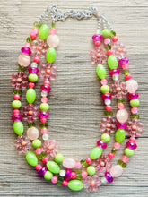 Load image into Gallery viewer, Honeydew Haven Chunky Statement Necklace, Coral beaded jewelry, Multi Strand Bib Necklace, Beaded necklace green pink blush hot magenta lime
