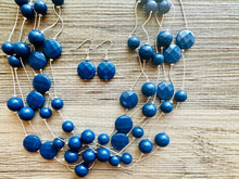 Load image into Gallery viewer, Dark Blue & Silver Chunky Statement Jewelry Set, Big beaded vintage, 6 Strand Illusion Statement Necklace, Bib blue bridesmaid wedding