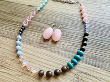 Load image into Gallery viewer, Blue & Blush Statement Necklace Jewelry Set, Chunky Jewelry Big Beaded Single Strand Necklace, blue Necklace, pink earrings