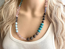 Load image into Gallery viewer, Blue & Blush Statement Necklace Jewelry Set, Chunky Jewelry Big Beaded Single Strand Necklace, blue Necklace, pink earrings