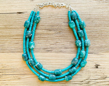 Load image into Gallery viewer, Emerald Green statement necklace, chunky green necklace, 3 strand necklace beaded jewelry everyday necklace COLORBLOCK beaded