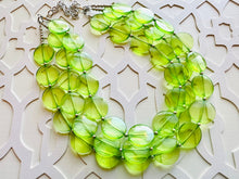 Load image into Gallery viewer, Big Bead Lime Necklace, 3 Strand Statement Jewelry, light green Chunky bib bridesmaid everyday bubble jewelry evergreen earrings