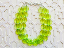 Load image into Gallery viewer, Big Bead Lime Necklace, 3 Strand Statement Jewelry, light green Chunky bib bridesmaid everyday bubble jewelry evergreen earrings