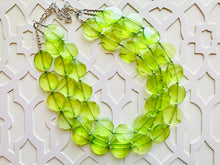 Load image into Gallery viewer, Big Bead Lime Necklace, 3 Strand Statement Jewelry, light green Chunky bib bridesmaid everyday bubble jewelry evergreen earrings