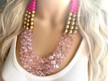 Load image into Gallery viewer, Gold Bubblegum & Blush Diamond Soirée Necklace, Beaded Triple Layer Necklace, bead statement necklace, pink beaded necklace earrings