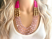Load image into Gallery viewer, Gold Bubblegum & Blush Diamond Soirée Necklace, Beaded Triple Layer Necklace, bead statement necklace, pink beaded necklace earrings
