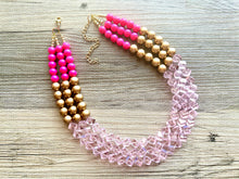 Load image into Gallery viewer, Gold Bubblegum & Blush Diamond Soirée Necklace, Beaded Triple Layer Necklace, bead statement necklace, pink beaded necklace earrings