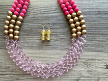 Load image into Gallery viewer, Gold Bubblegum & Blush Diamond Soirée Necklace, Beaded Triple Layer Necklace, bead statement necklace, pink beaded necklace earrings