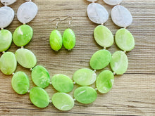 Load image into Gallery viewer, Color Block Double Statement Necklace, Chunky Jewelry Big Beaded Necklace, lime green & white Necklace, bead bubble earrings