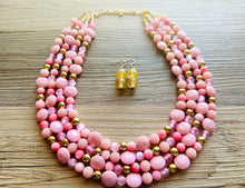 Load image into Gallery viewer, Gold Bubblegum & Blush Diamond Soirée Necklace, Beaded Triple Layer Necklace, bead statement necklace, pink beaded necklace earrings