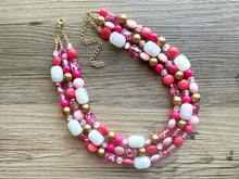 Load image into Gallery viewer, Gold & Hot Pink Party Necklace, Beaded Triple Layer Necklace, bead statement necklace, pink beaded earrings white blush pink