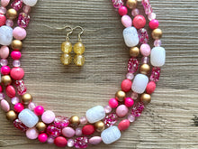 Load image into Gallery viewer, Gold & Hot Pink Party Necklace, Beaded Triple Layer Necklace, bead statement necklace, pink beaded earrings white blush pink