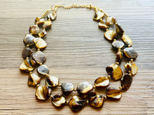 Load image into Gallery viewer, Chunky 2 Strand Strand Shell Statement Necklace, creamy yellow brown beaded jewelry, shell necklace jewelry, gold geometric diamond necklace