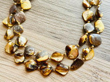 Load image into Gallery viewer, Chunky 2 Strand Strand Shell Statement Necklace, creamy yellow brown beaded jewelry, shell necklace jewelry, gold geometric diamond necklace