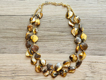 Load image into Gallery viewer, Chunky 2 Strand Strand Shell Statement Necklace, creamy yellow brown beaded jewelry, shell necklace jewelry, gold geometric diamond necklace
